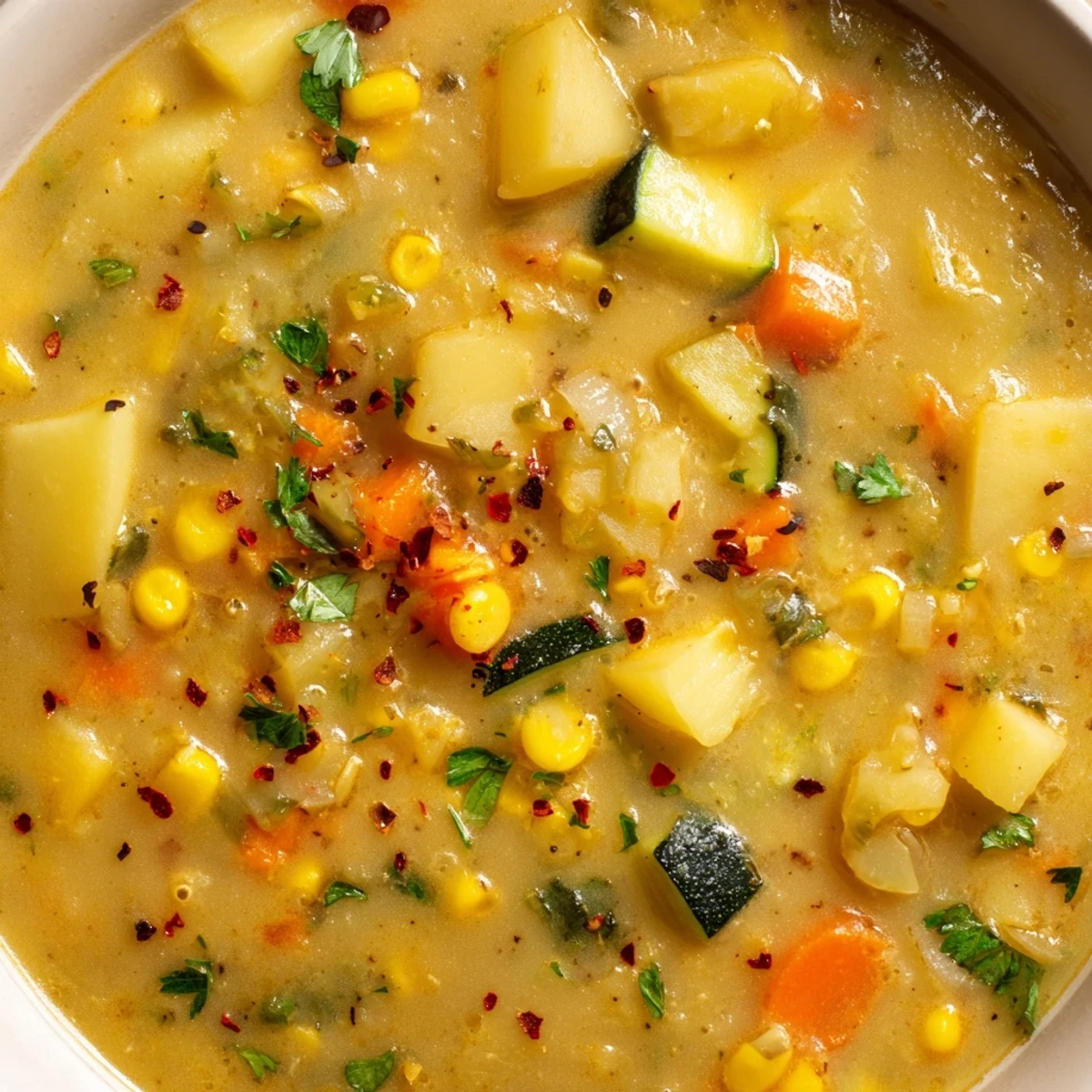 Steaming bowl of potato corn zucchini soup featuring colorful vegetables in creamy broth