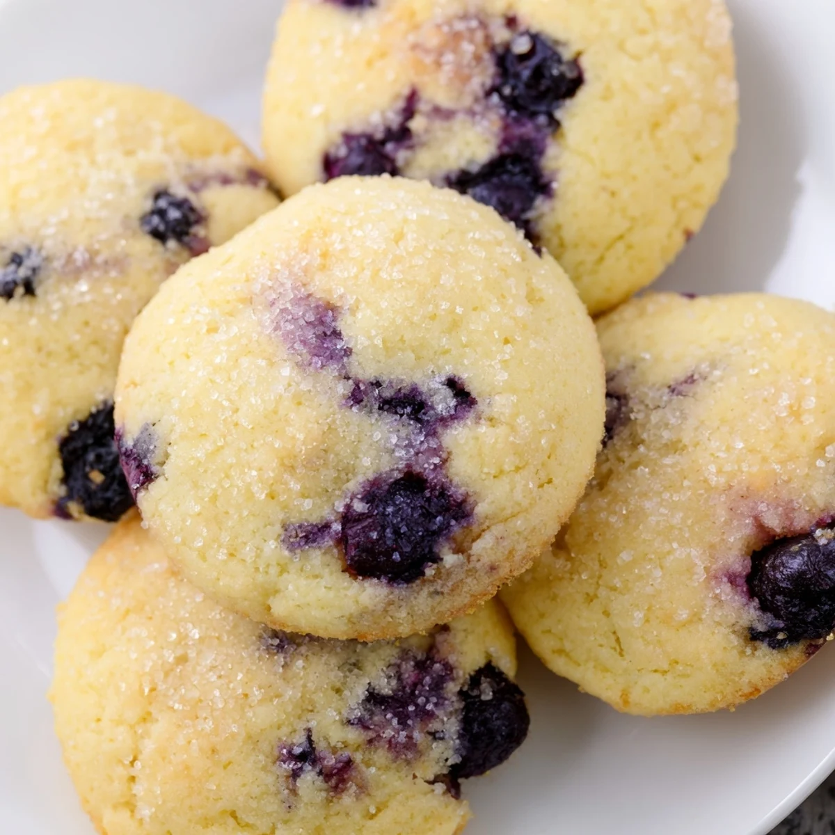 Soft blueberry muffin cookies with golden edges and bursting juicy berries on parchment paper