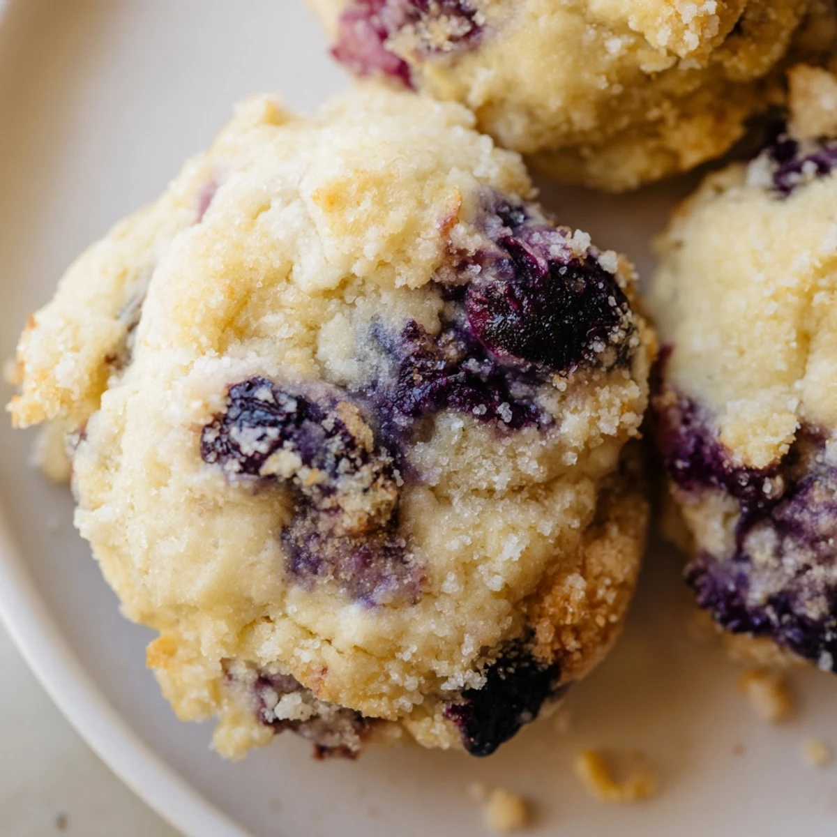 Cake-like blueberry muffin cookies topped with coarse sugar crystals and fresh summer berries