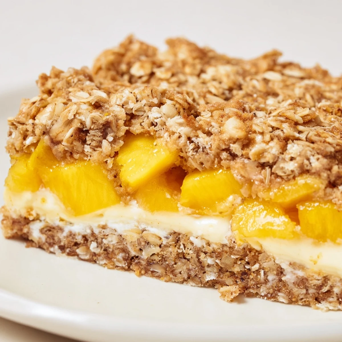 Golden peaches and cream crumble bars with buttery oat topping on a rustic baking sheet