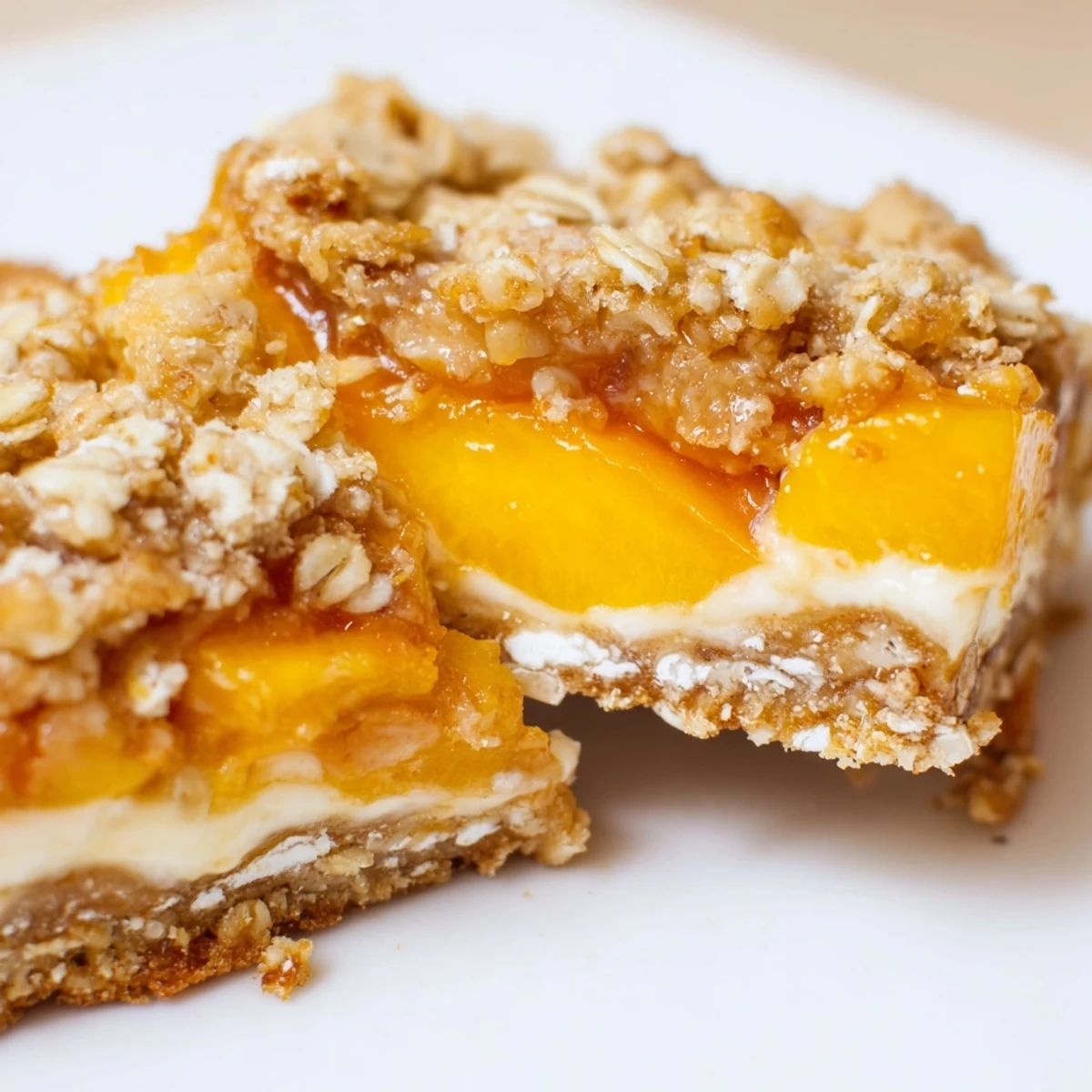 Creamy peach-filled crumble bars cut into squares showing luscious layers of fruit and golden oats