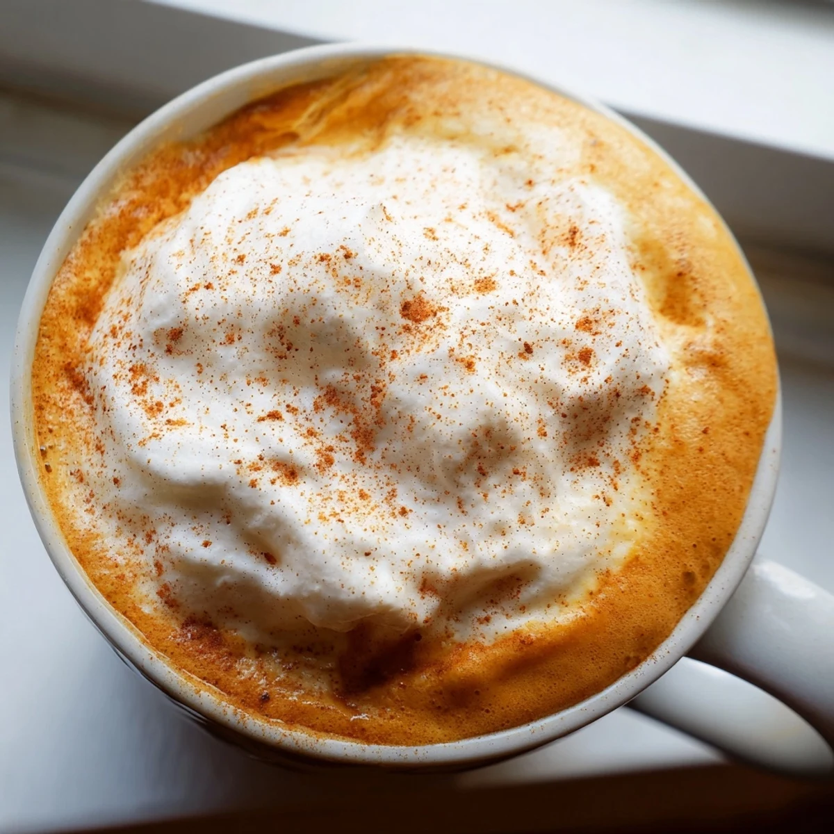Creamy homemade pumpkin spice latte topped with whipped cream and cinnamon dust