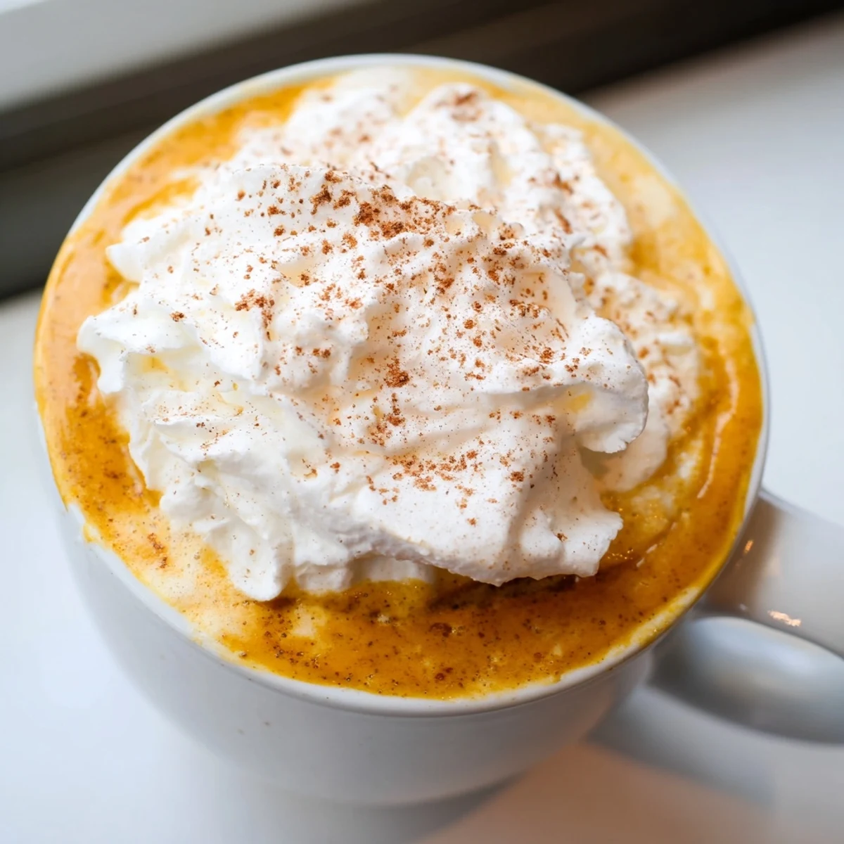 Steaming homemade pumpkin spice latte in a mug with frothy milk foam