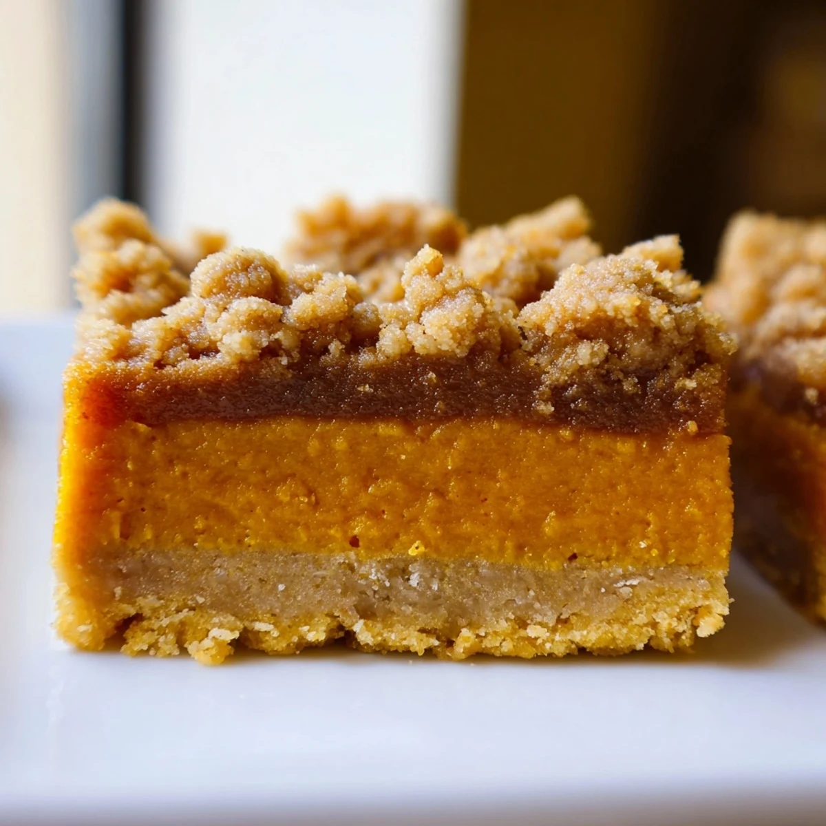 Golden brown sugar maple pumpkin butter bars with spiced streusel topping on a rustic baking sheet