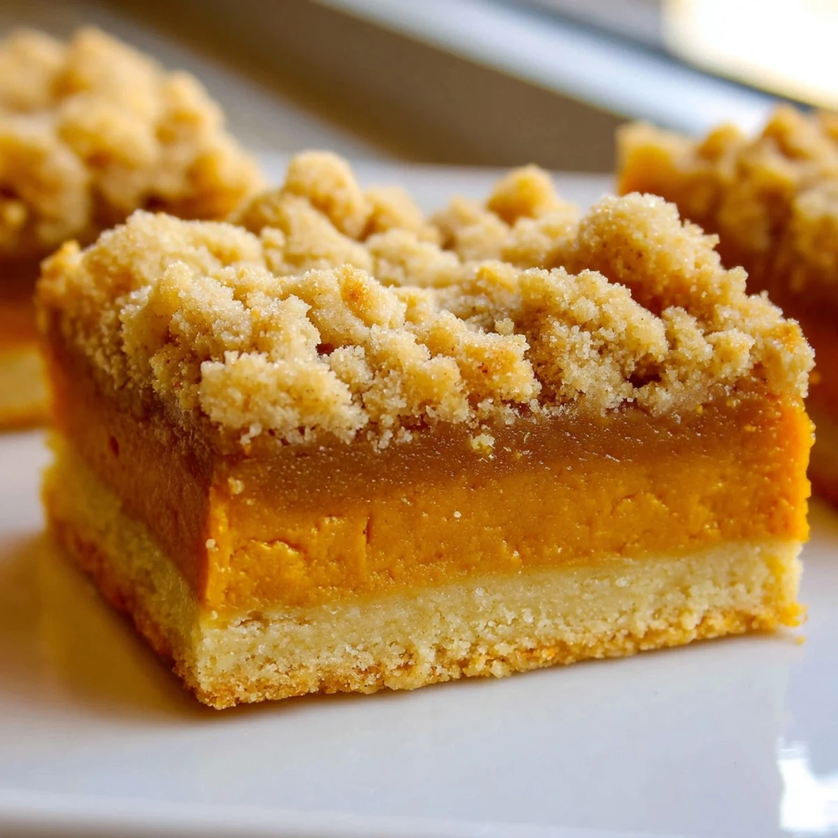 Warm brown sugar maple pumpkin butter bars cut into squares and arranged on a festive autumn dessert plate