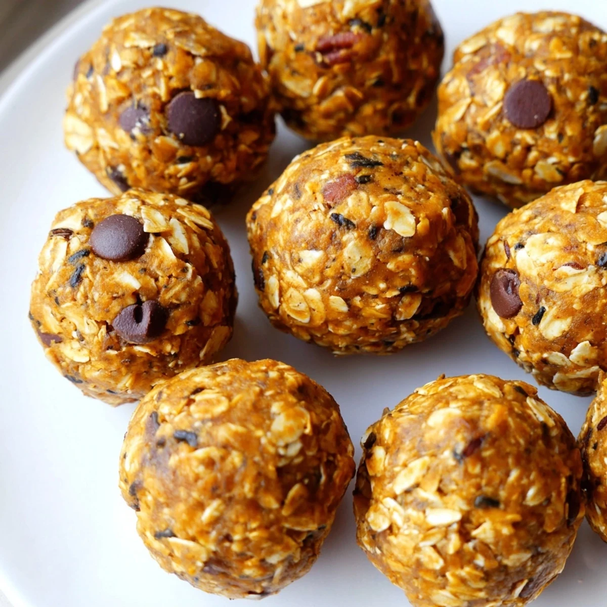 Plump no bake pumpkin protein balls studded with chocolate chips on a rustic plate