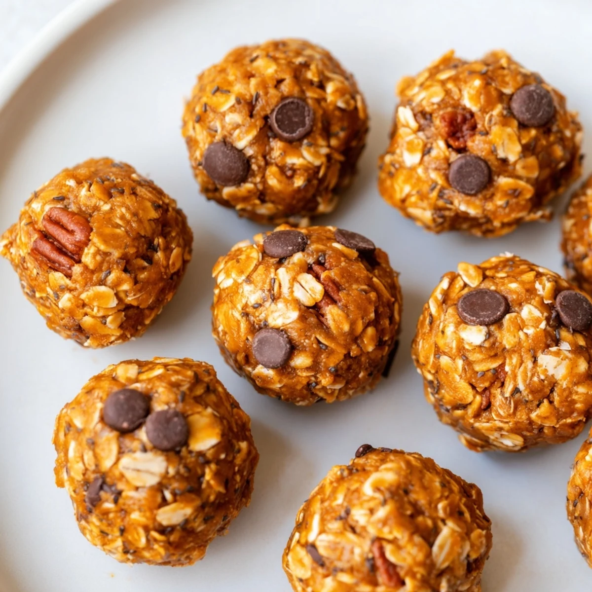 Creamy no bake pumpkin protein balls rolled in oats beside a jar of maple syrup
