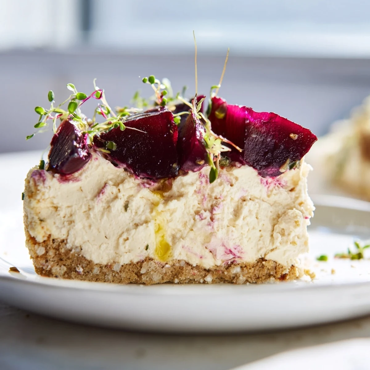 Creamy savoury cheesecake topped with caramelized roasted beetroot and fresh microgreens on a rustic plate