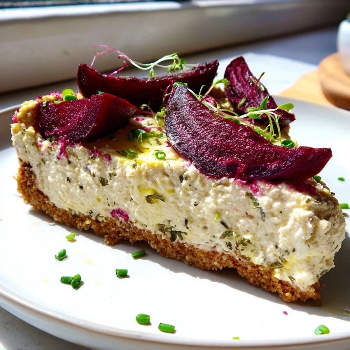 Golden crusted savoury cheesecake layered with smooth cheeses and crowned with jewel-toned roasted beetroot wedges