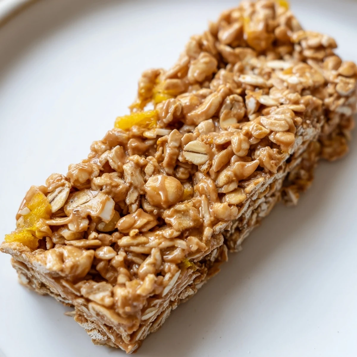 Chewy no bake apple peanut butter granola bars topped with visible oats and dried apple pieces