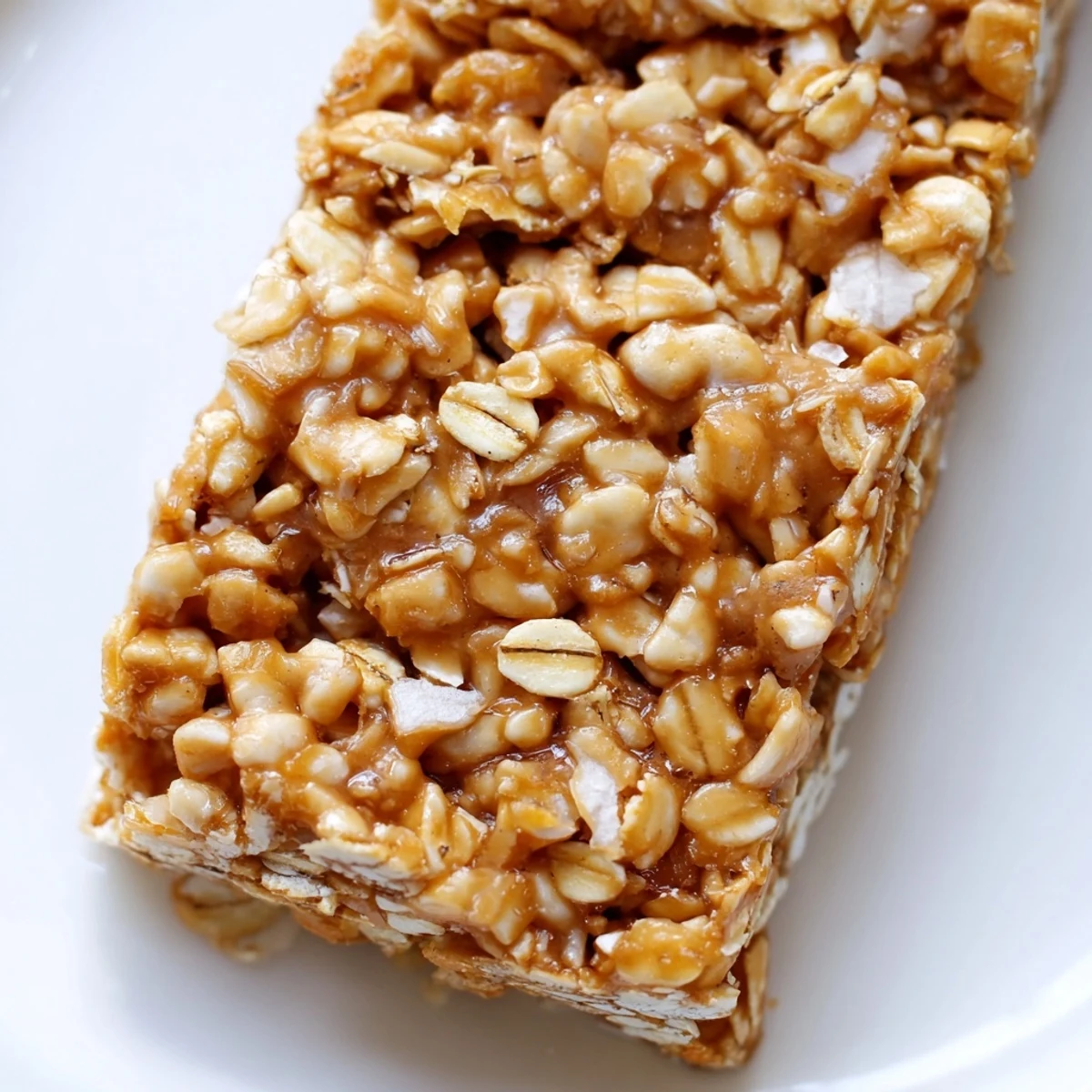 Golden no bake apple peanut butter granola bars cut into neat squares beside a jar of peanut butter