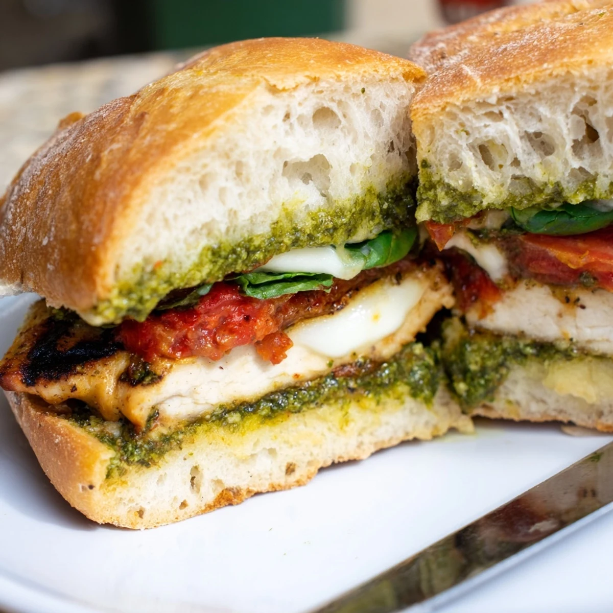 Warm chicken pesto sandwich on toasted ciabatta with melted mozzarella and sliced tomato