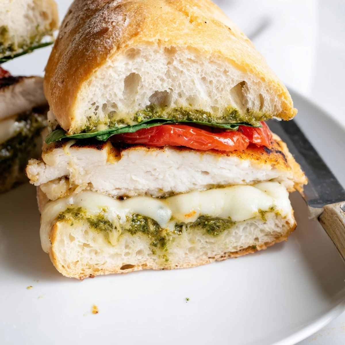 Sliced chicken pesto sandwich recipe stacked with gooey mozzarella, pesto, and baby spinach
