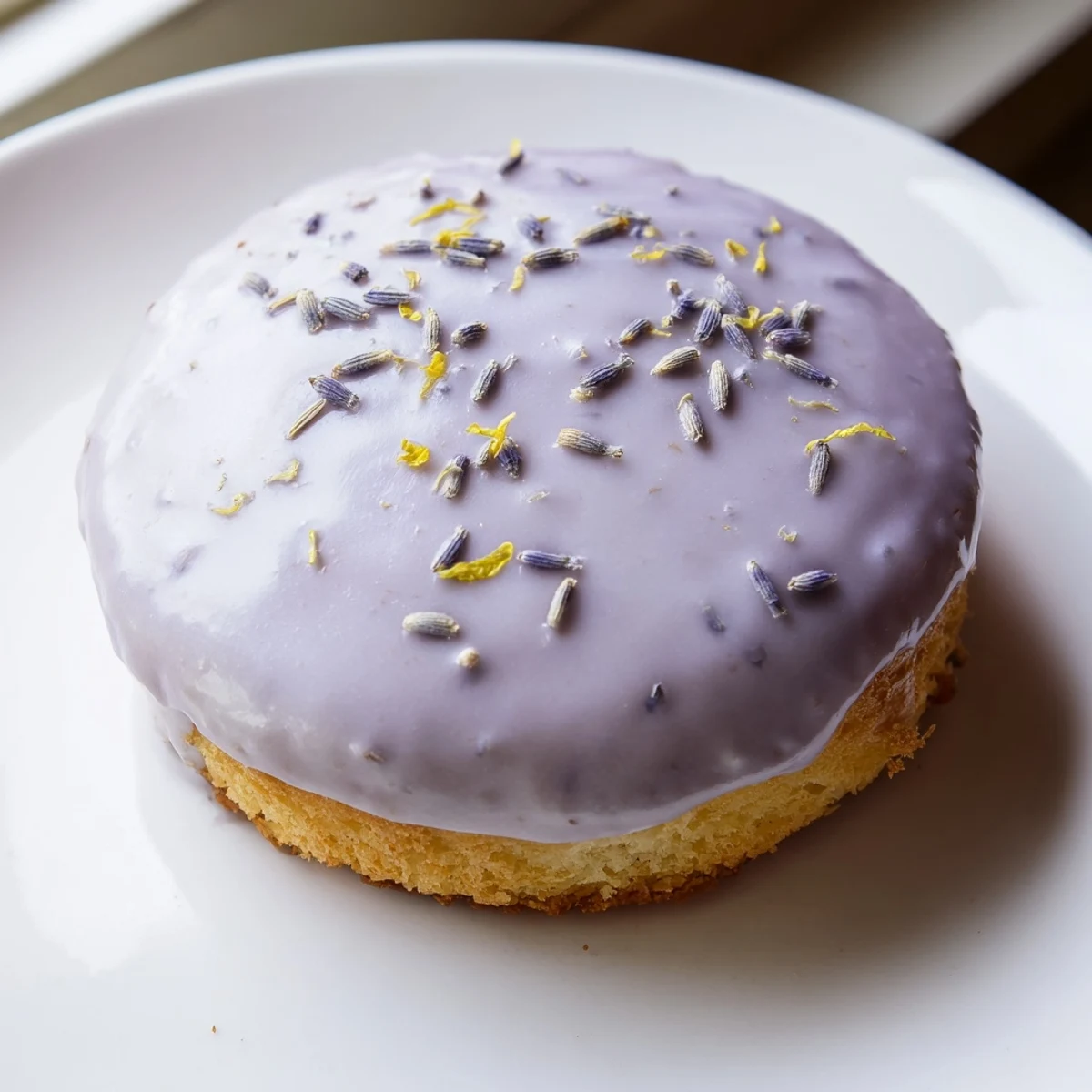 Golden mini lemon cakes with lavender glaze drizzling down the tender crumb