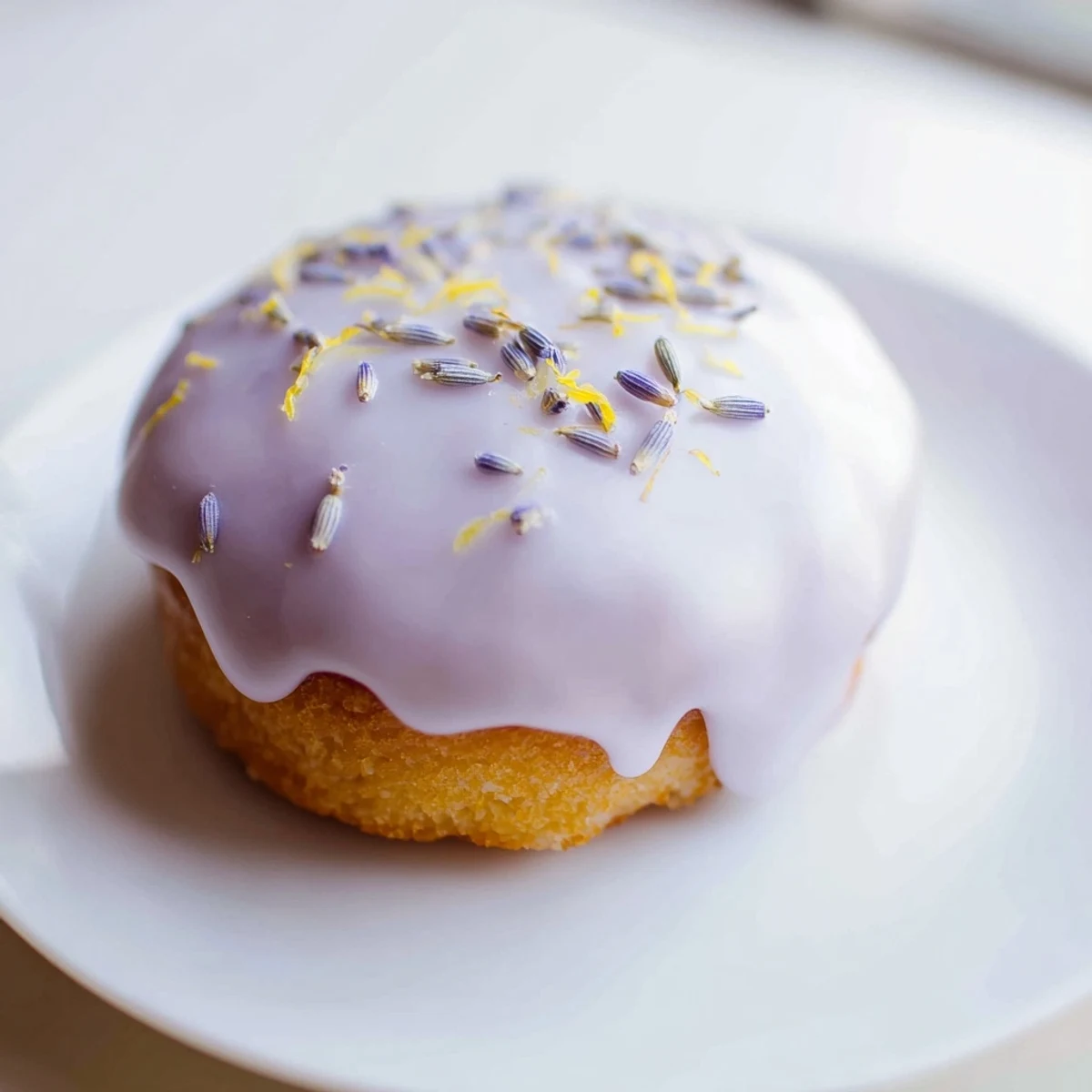 Mini lemon cakes with lavender glaze served on a cake stand for afternoon tea