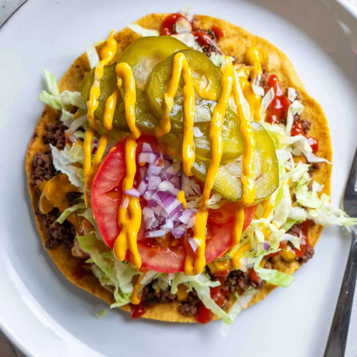 Golden flour tortillas cradling juicy smashed beef topped with fresh lettuce and pickles
