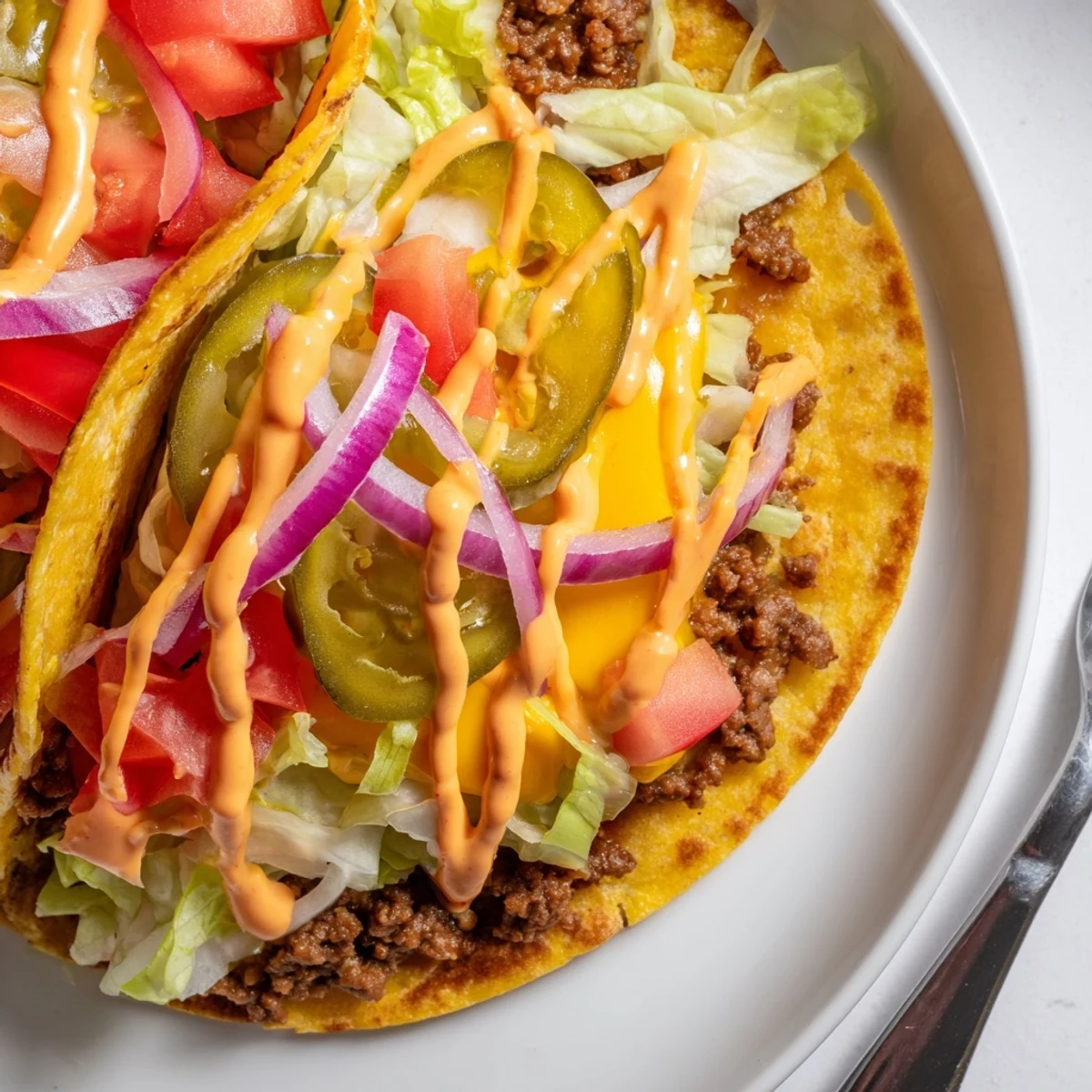 Crispy smash burger tacos loaded with melted cheddar and tangy burger sauce