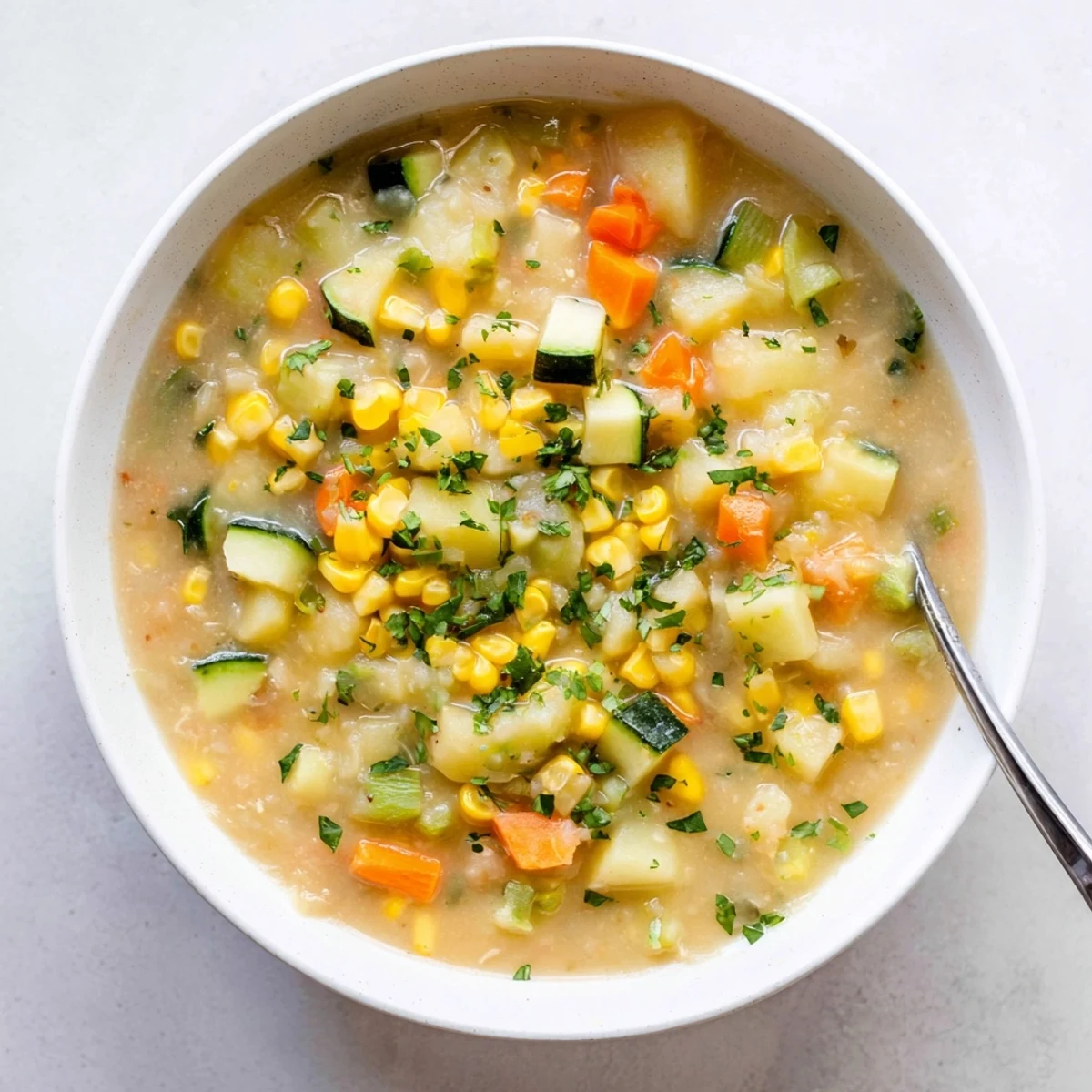 Steaming bowl of hearty potato corn zucchini soup garnished with fresh parsley.