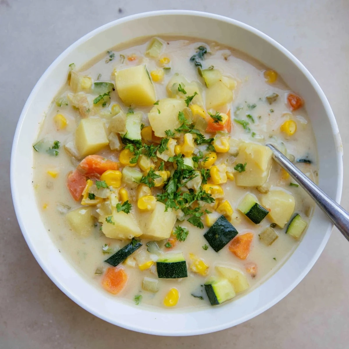 Thick hearty potato corn zucchini soup ladled into a rustic bowl, served hot.
