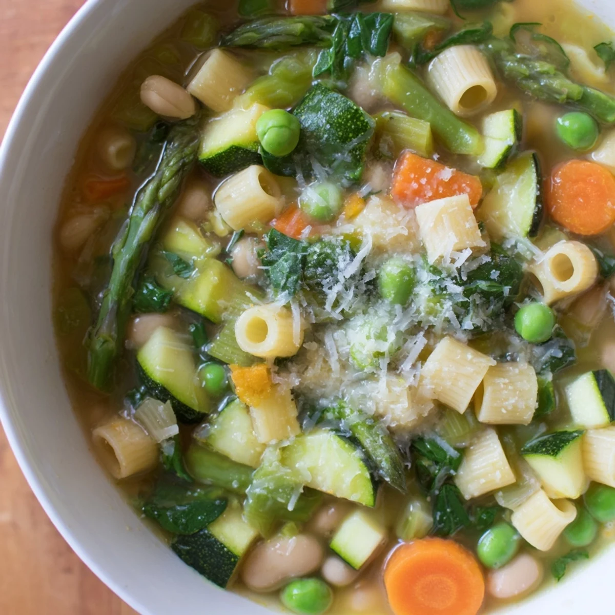 Steaming bowl of spring minestrone soup with bright green vegetables and ditalini pasta