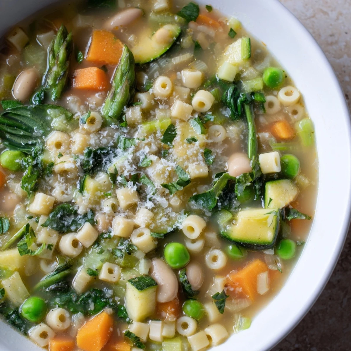 Colorful spring minestrone soup featuring tender asparagus, peas, and fresh basil garnish