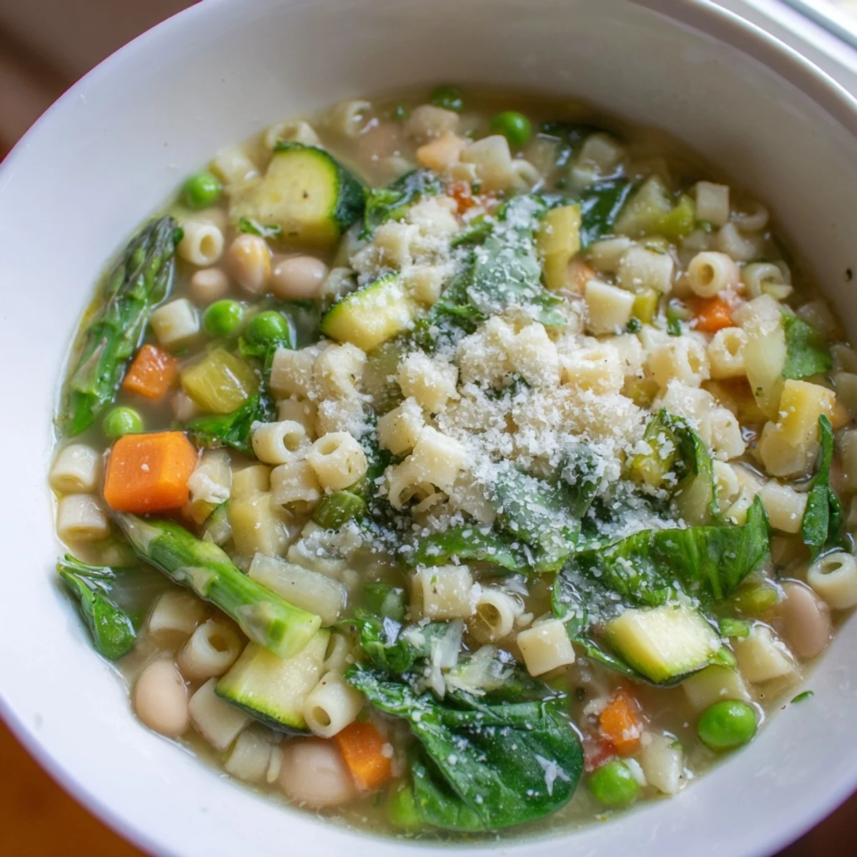 Spring minestrone soup ladled into a rustic bowl topped with grated Parmigiano Reggiano