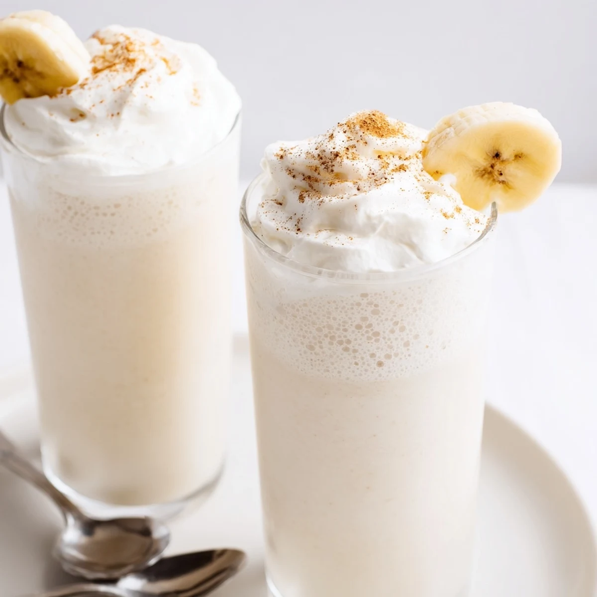 Vanilla Banana Shake in frosted glass, creamy, banana aroma, cinnamon sprinkle