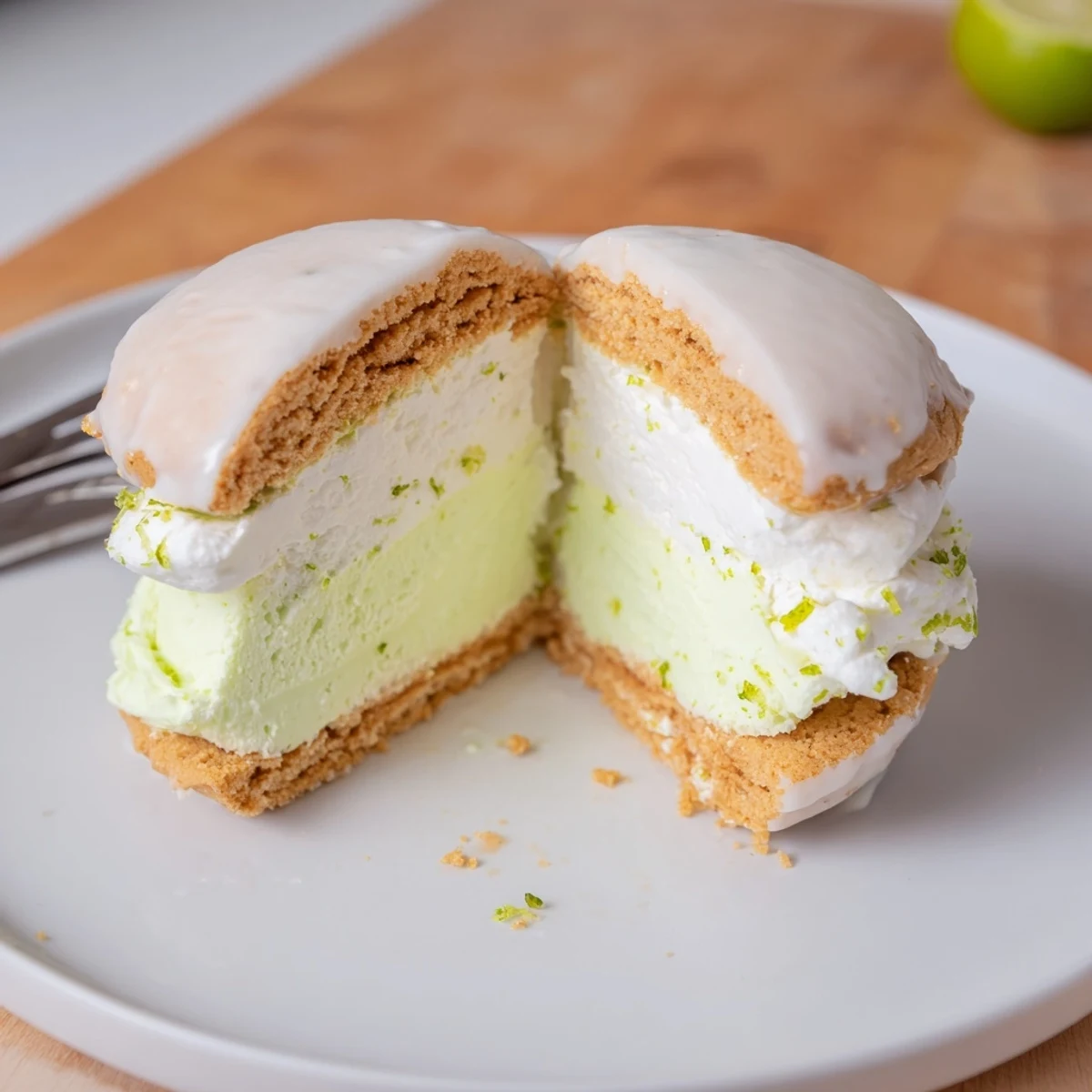 Chilled Key Lime Pie Ice Cream Sandwiches, edges rolled in crushed graham crumbs