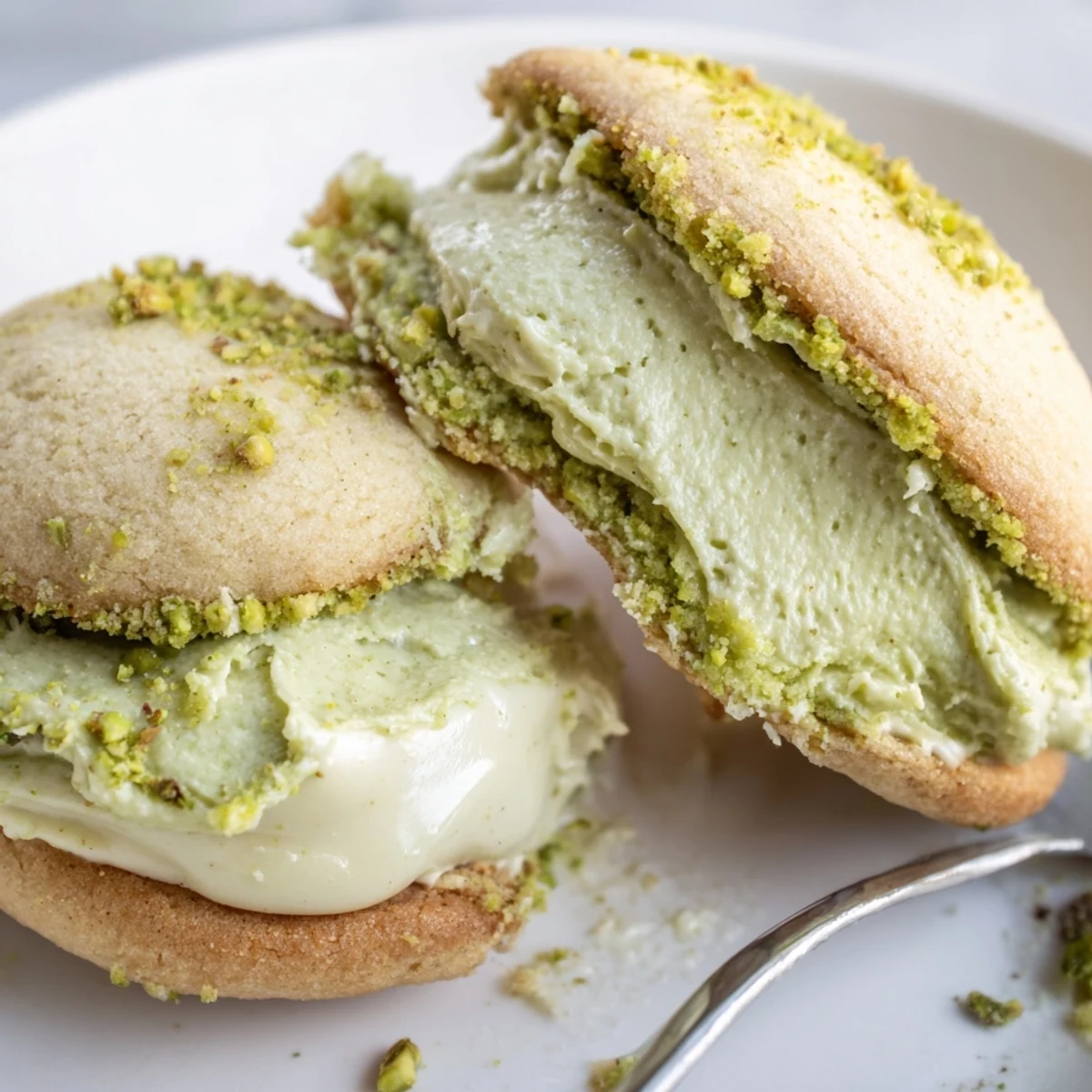 Pistachio Cream Cookies stacked on plate, tender buttery crumb and green filling