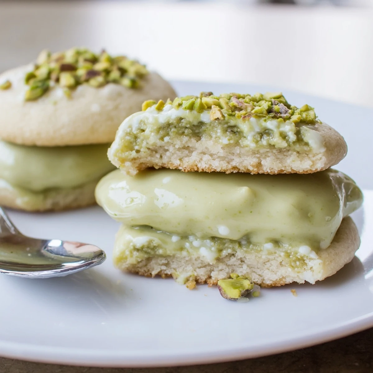 Warm Pistachio Cream Cookies sandwiched with silky nut filling beside teacup