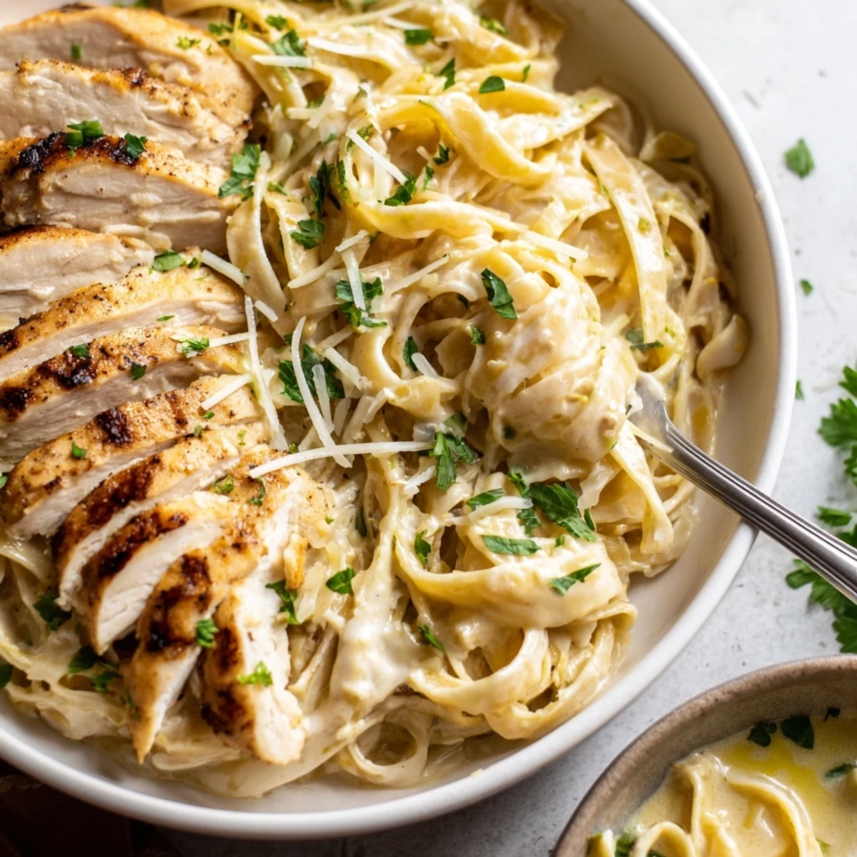 Close-up of Creamy Garlic Chicken Pasta with sliced chicken and parsley