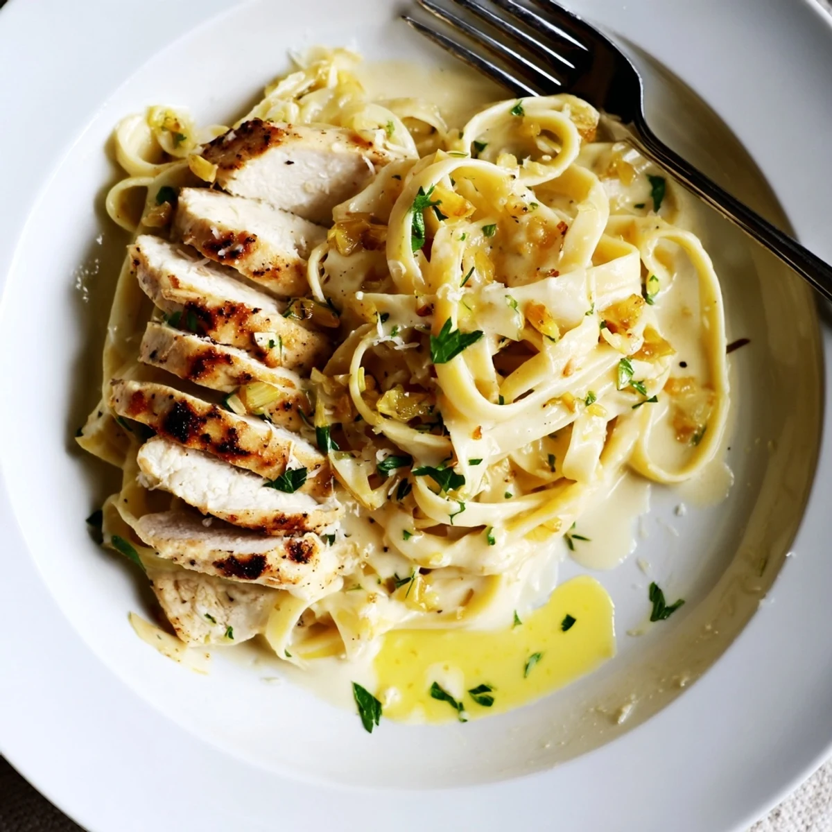Creamy Garlic Chicken Pasta on fettuccine, al dente strands, creamy sauce gleaming