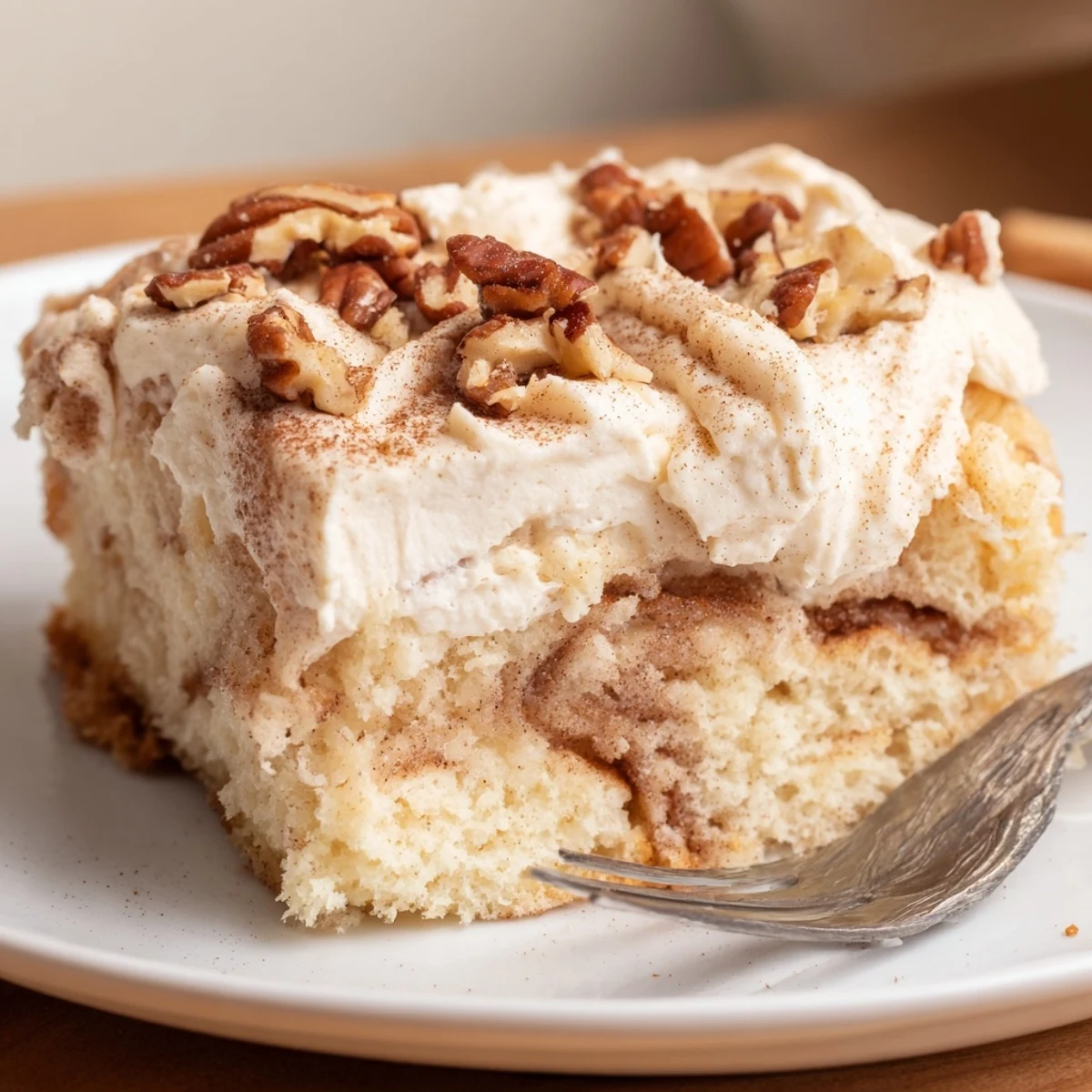 Cinnamon Roll Poke Cake steaming with gooey cinnamon pockets, cream cheese frosting.