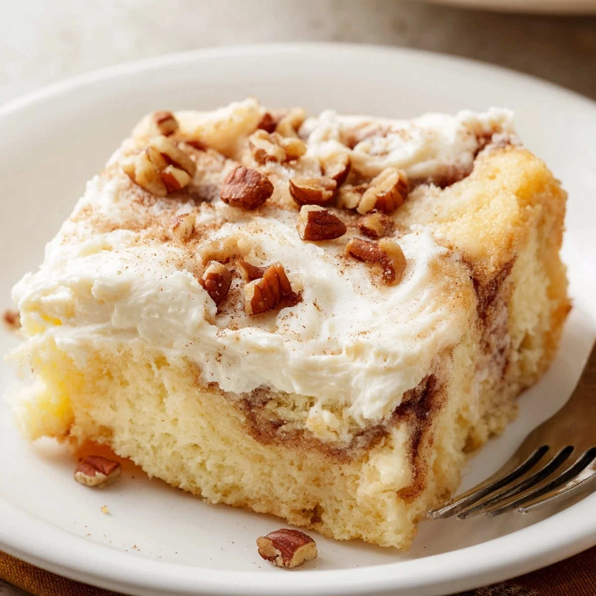 A fork-ready slice of Cinnamon Roll Poke Cake, pillowy and cinnamon-swirled.
