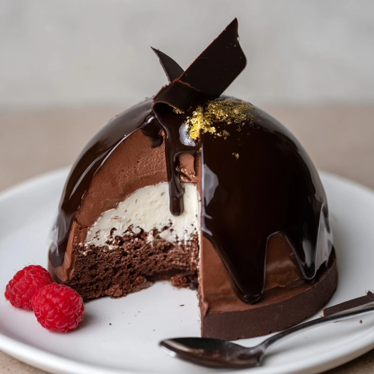 Elegant Chocolate Mascarpone Dome Dessert With Glossy Shells glistening, plated with berries