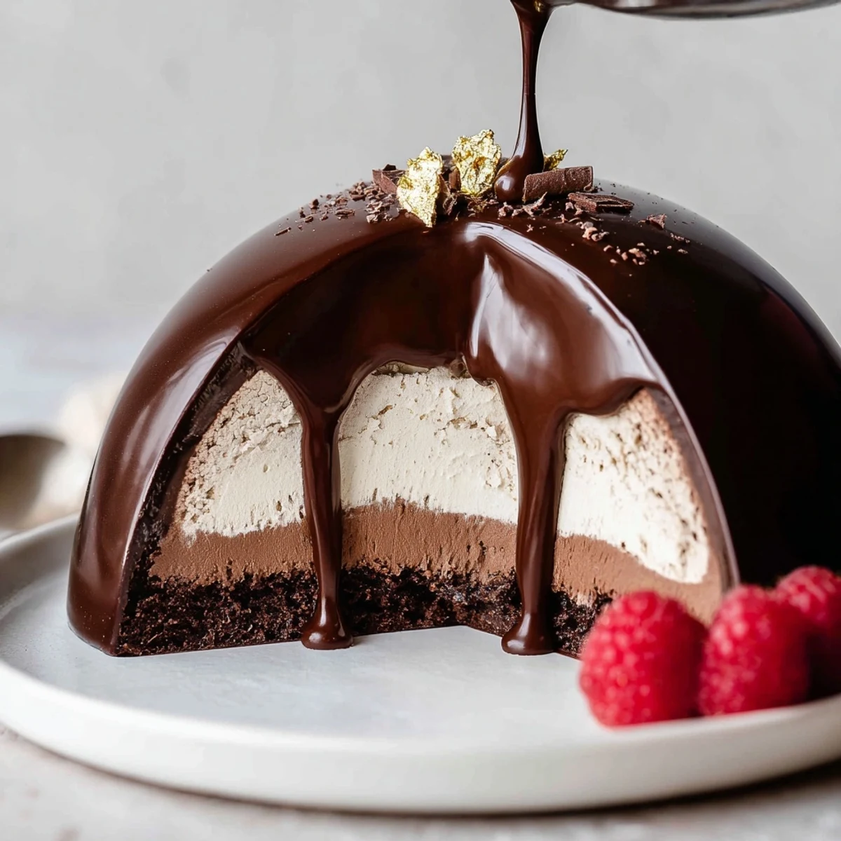 Hand-glazed, chilled Elegant Chocolate Mascarpone Dome Dessert With Glossy Shells