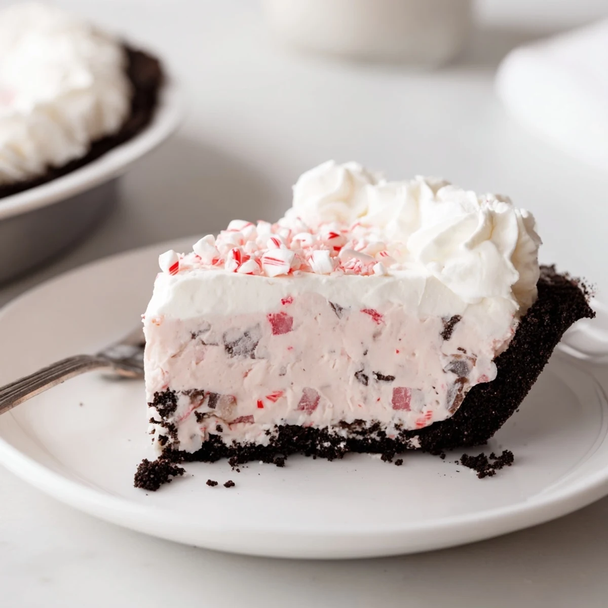 Chilled Candy Cane Pie sliced on plate, fluffy marshmallows and whipped cream