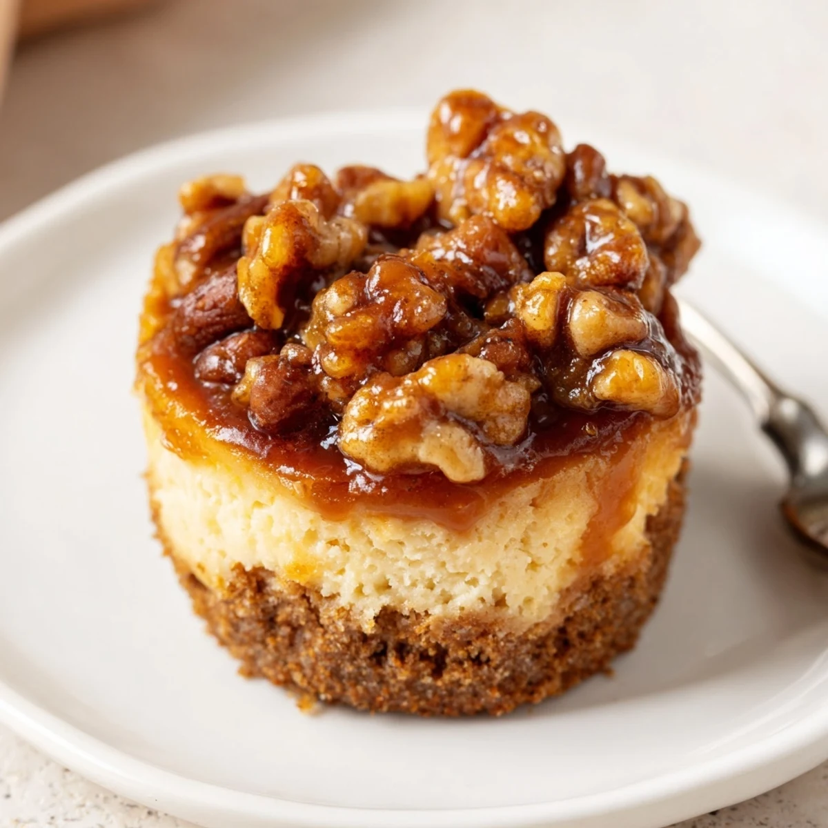 Mini Pecan Pie Cheesecakes topped with glossy pecan caramel, creamy centers