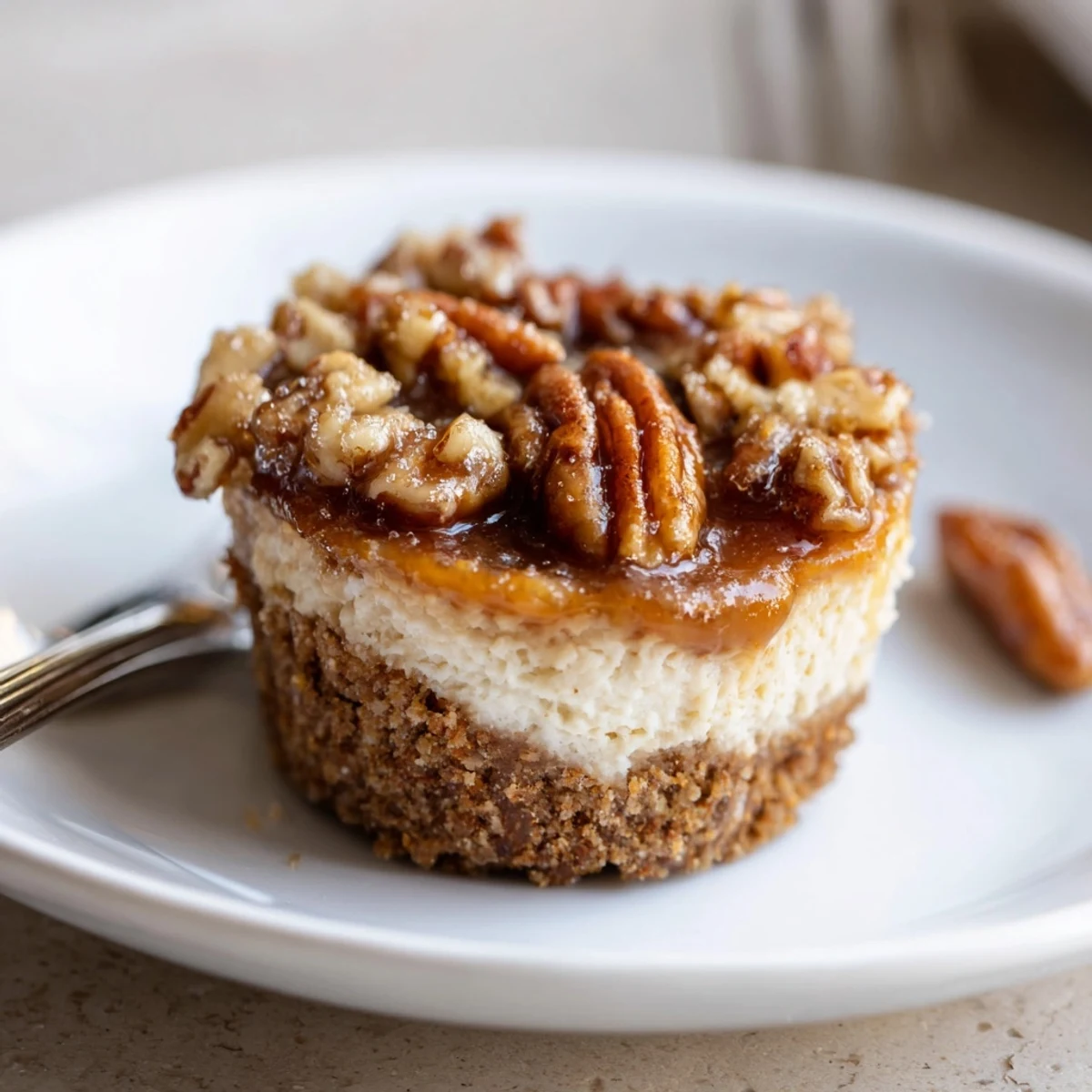 Bite size Mini Pecan Pie Cheesecakes reveal buttery crust and nutty crunch