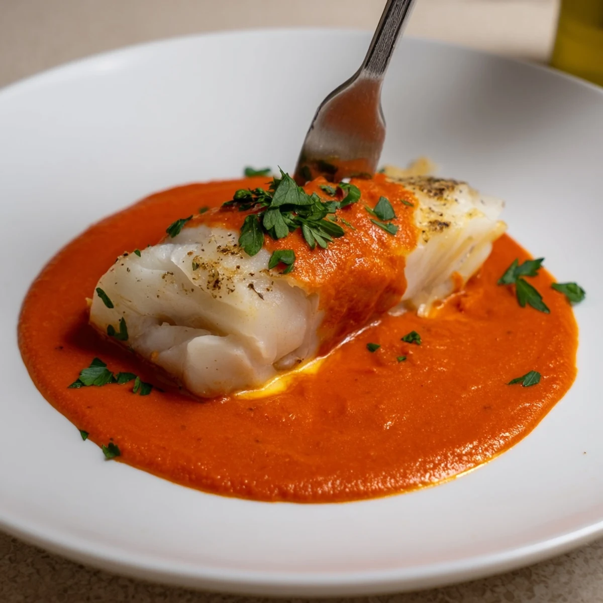 Cod In Roasted Red Pepper Sauce with flaky fillets, vibrant sauce, parsley