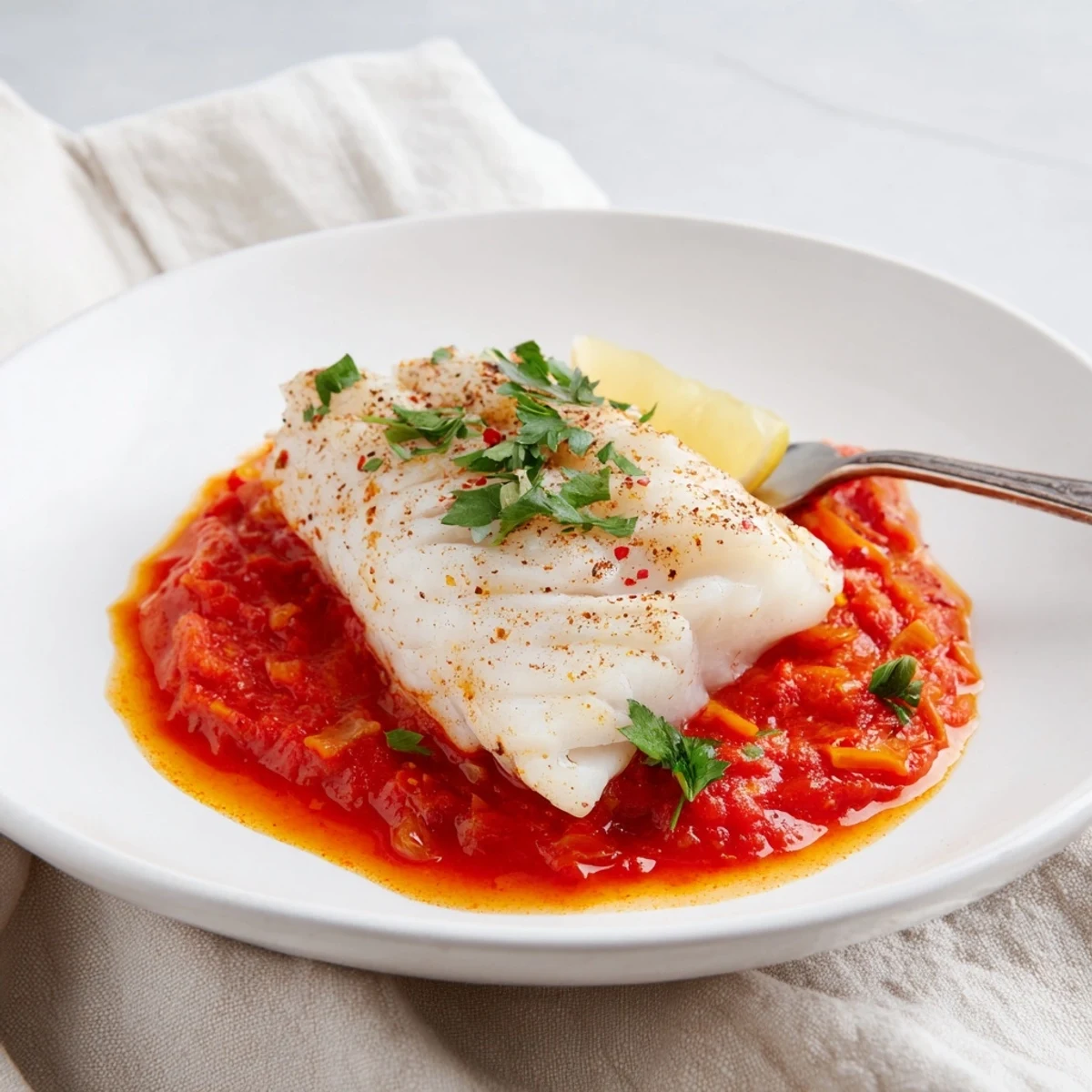 Pan poached Cod In Roasted Red Pepper Sauce over rice with lemon wedge