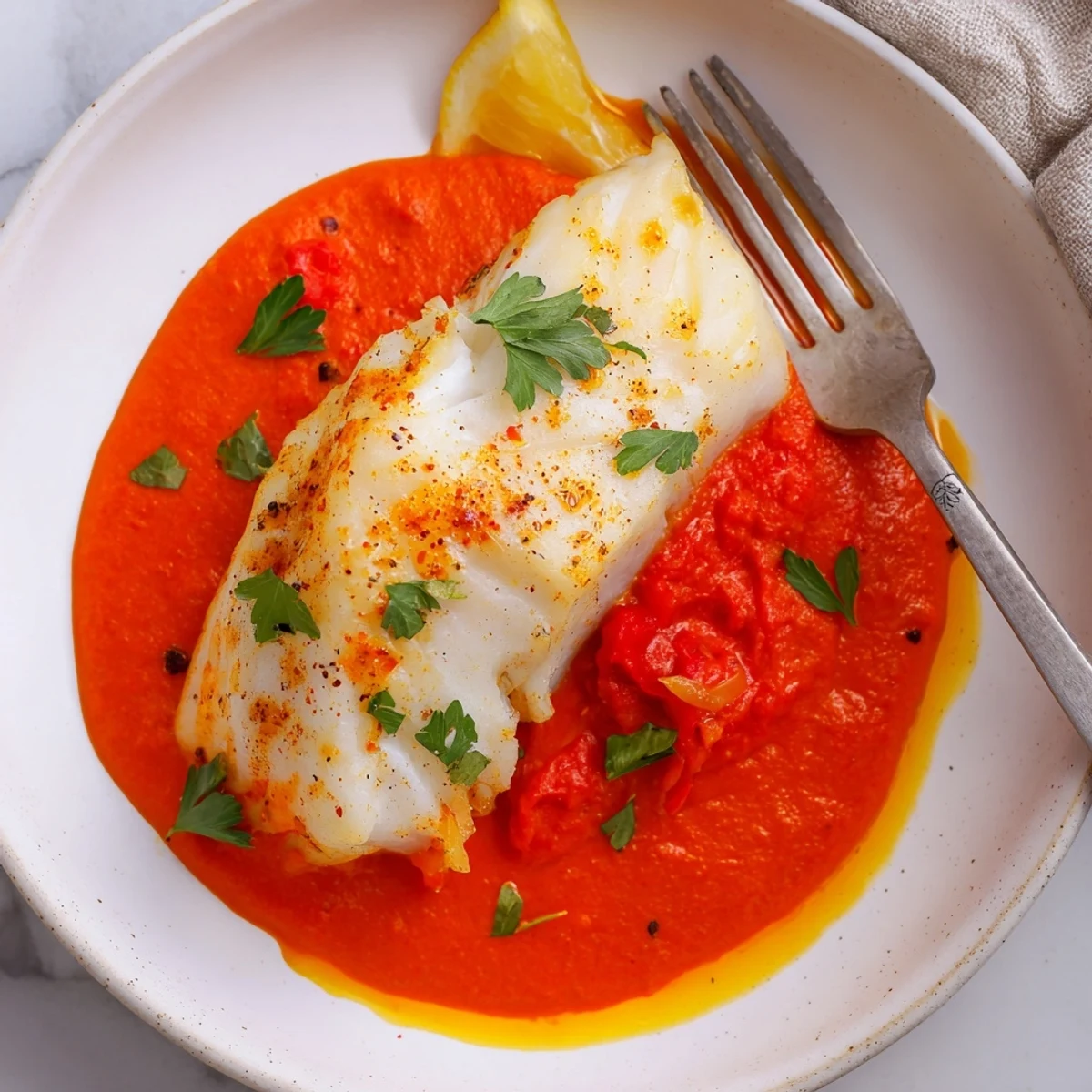 Bowl of Cod In Roasted Red Pepper Sauce, glossy red glaze, fresh lemon
