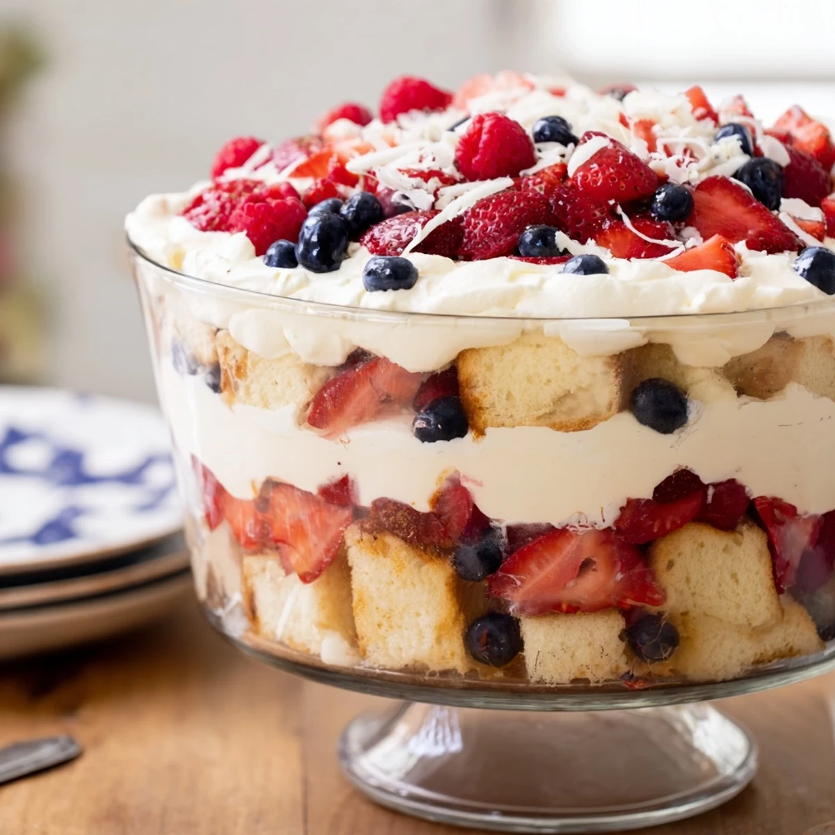 Red White And Blue Trifle layered with fluffy pound cake, creamy pudding, berries.