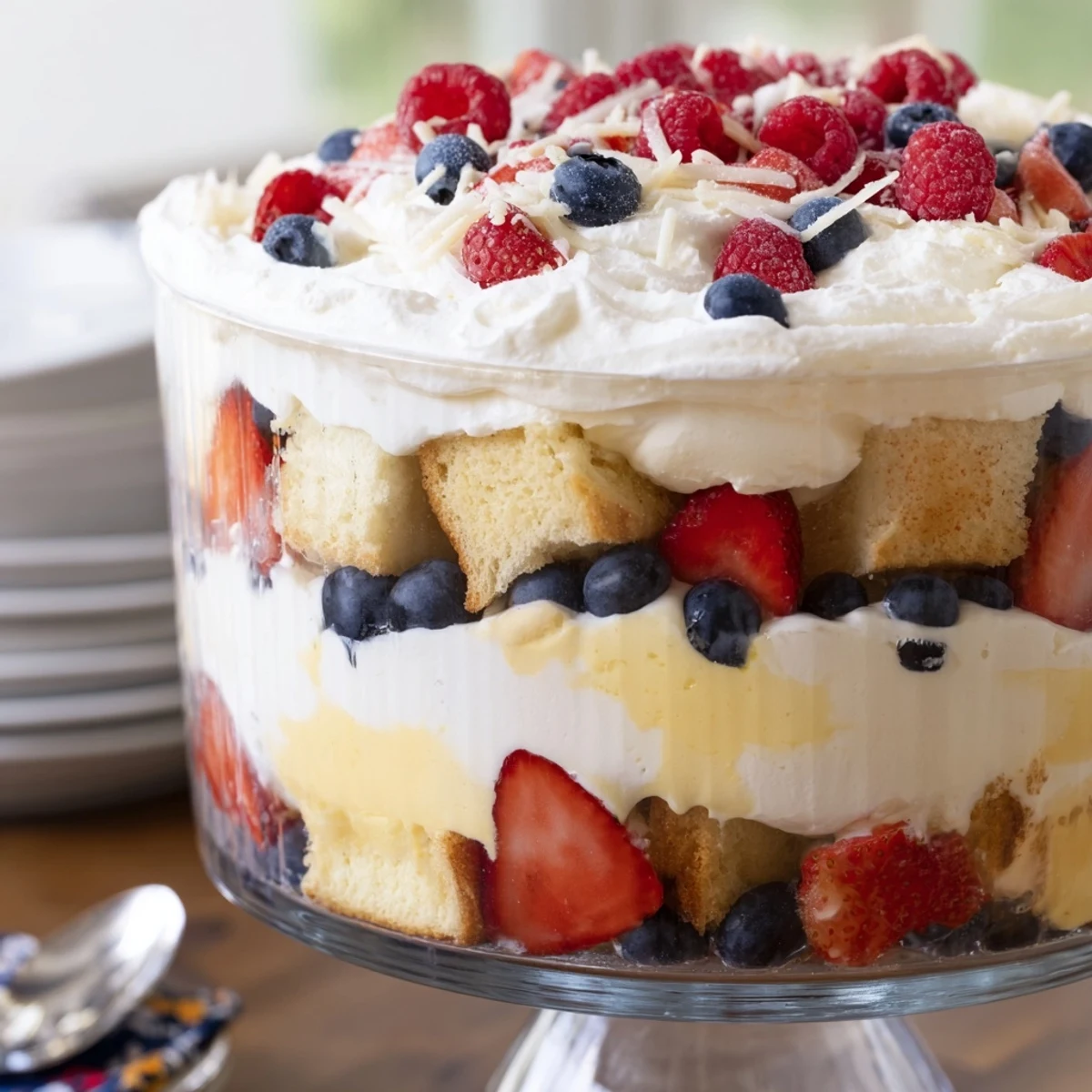Chilled Red White And Blue Trifle topped with pillowy whipped cream, berry garnish.