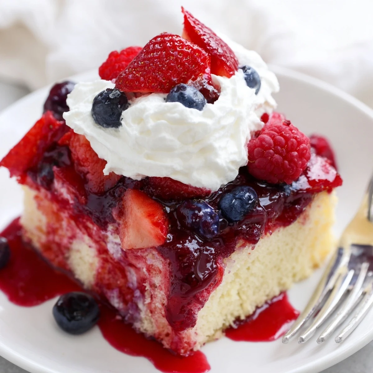 Summer Berry Poke Cake sliced, juicy berry syrup soaking tender vanilla crumbs