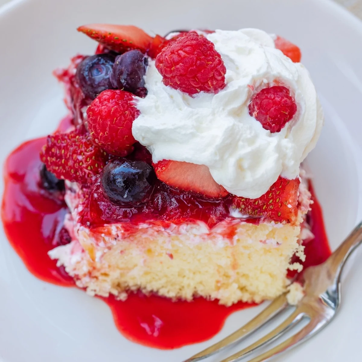 Slice of Summer Berry Poke Cake on plate, bright berries glistening