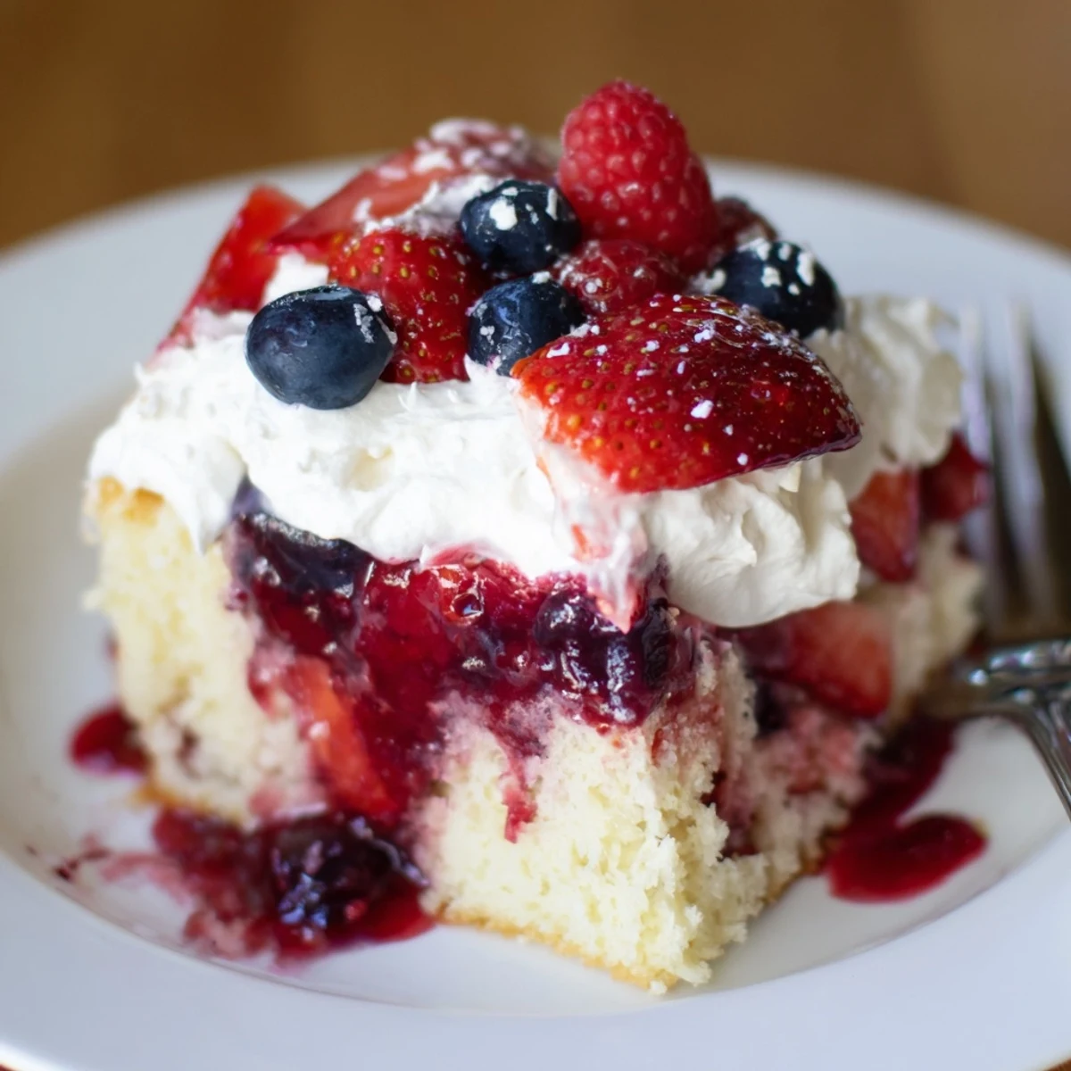 Chilled Summer Berry Poke Cake topped with fluffy whipped cream and berries