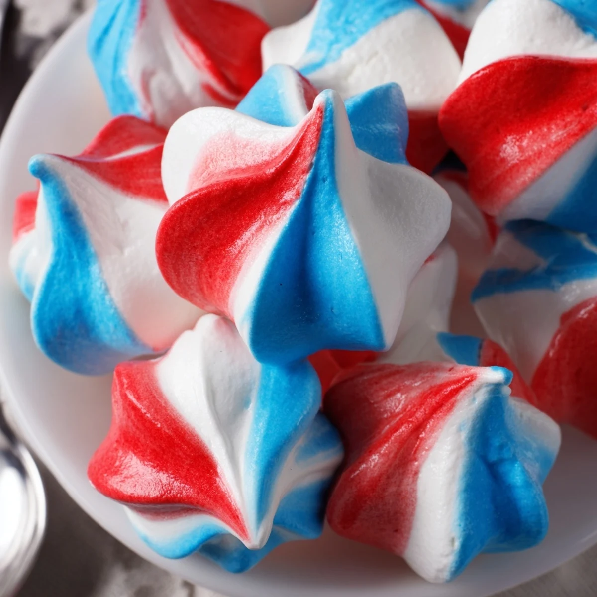 Patriotic Meringue Kisses cooling on baking sheet, glossy peaks and crispness