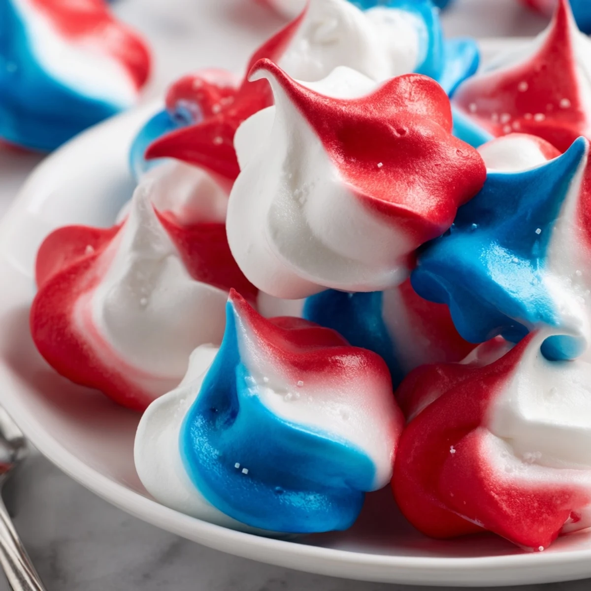 Platter of Patriotic Meringue Kisses ready for Fourth of July dessert table