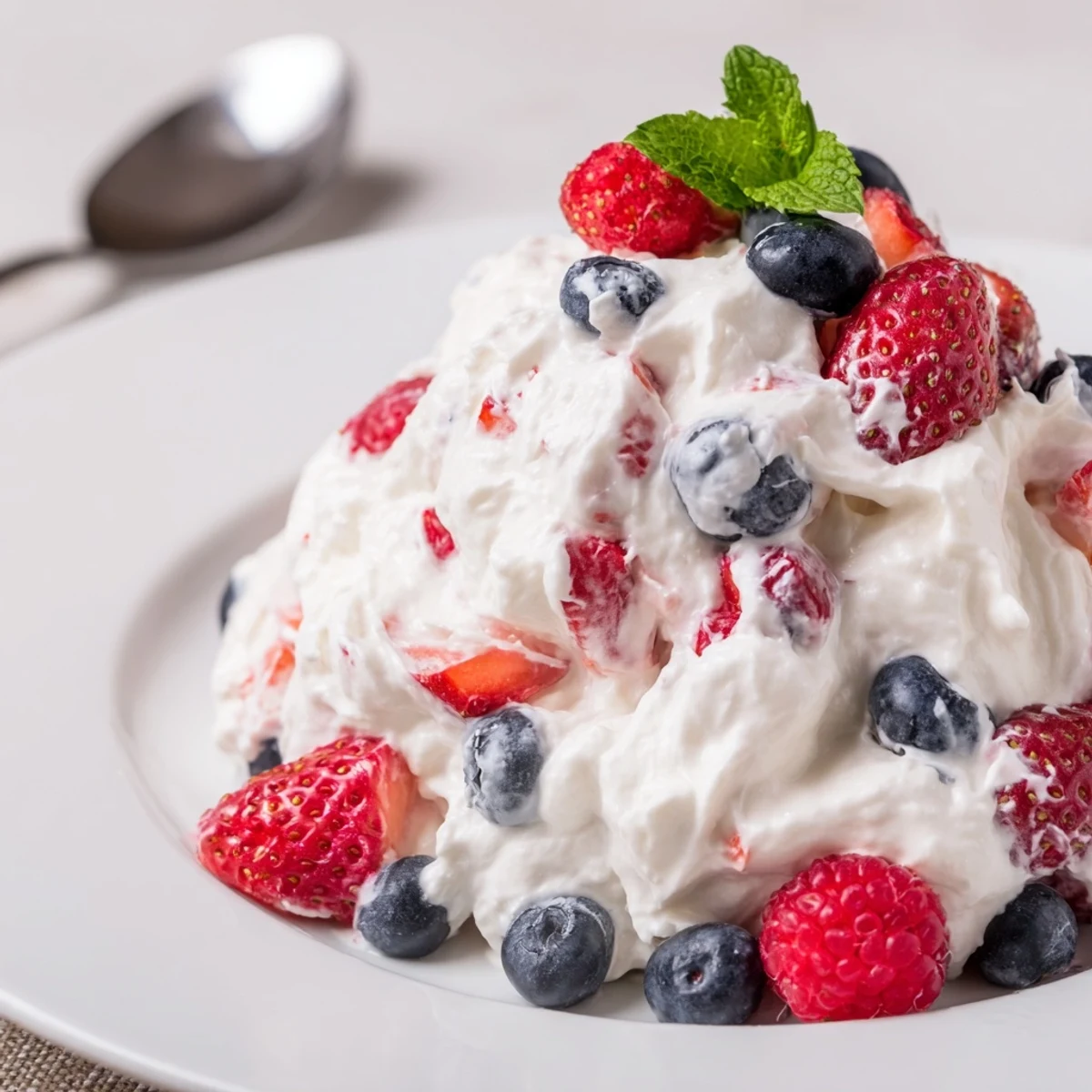 Forkful of Red White Blue Cheesecake Salad reveals fluffy cream and berries